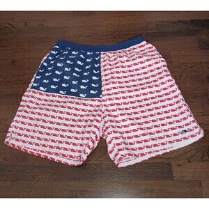Vineyard Vines Swim Trunks Mens Large Lined American Flag Whales Red White Blue